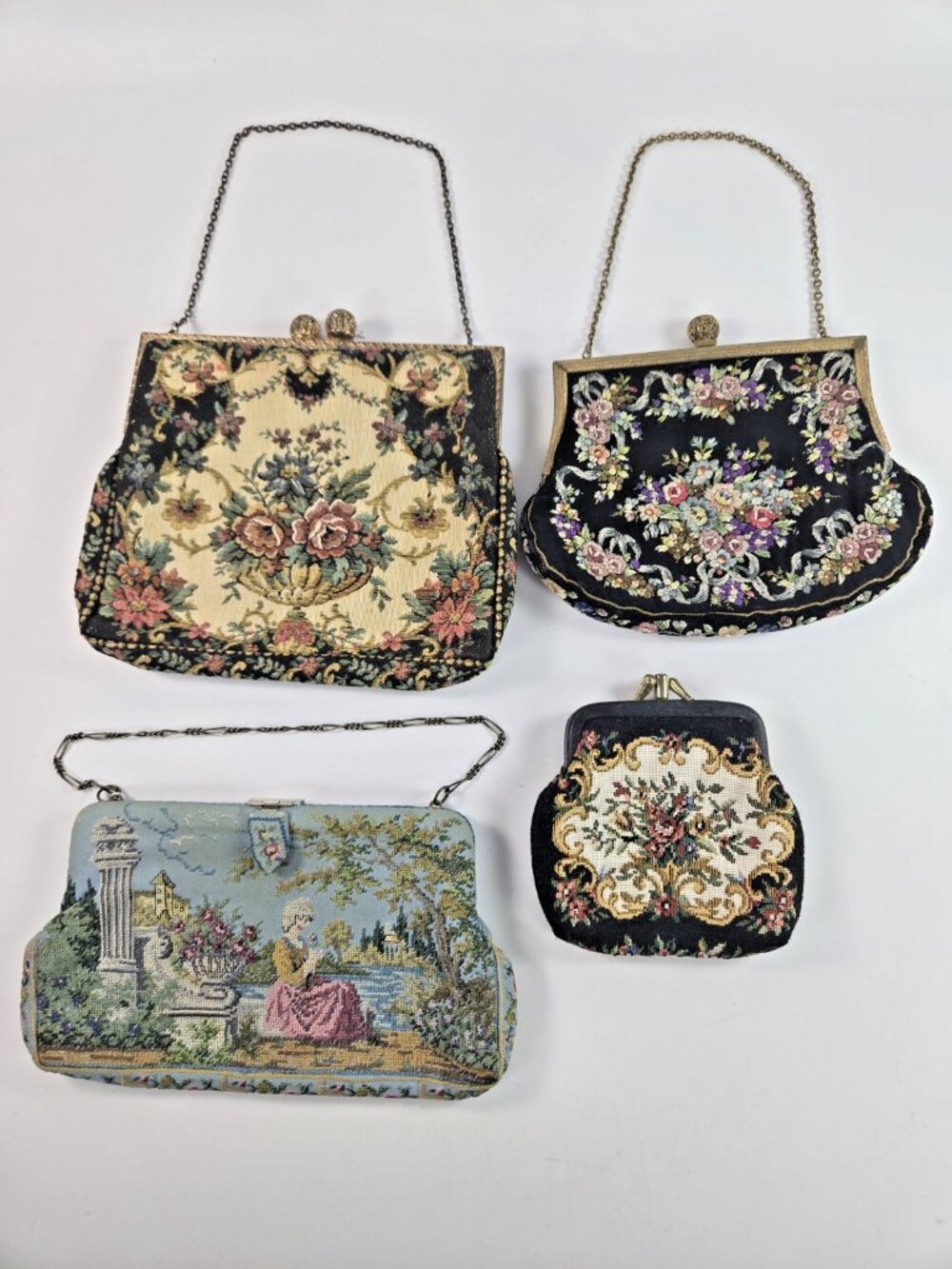 Vintage Tapestry Handbag Lot Floral Scenic Kiss Lock Chain Strap Purses Lot of 4